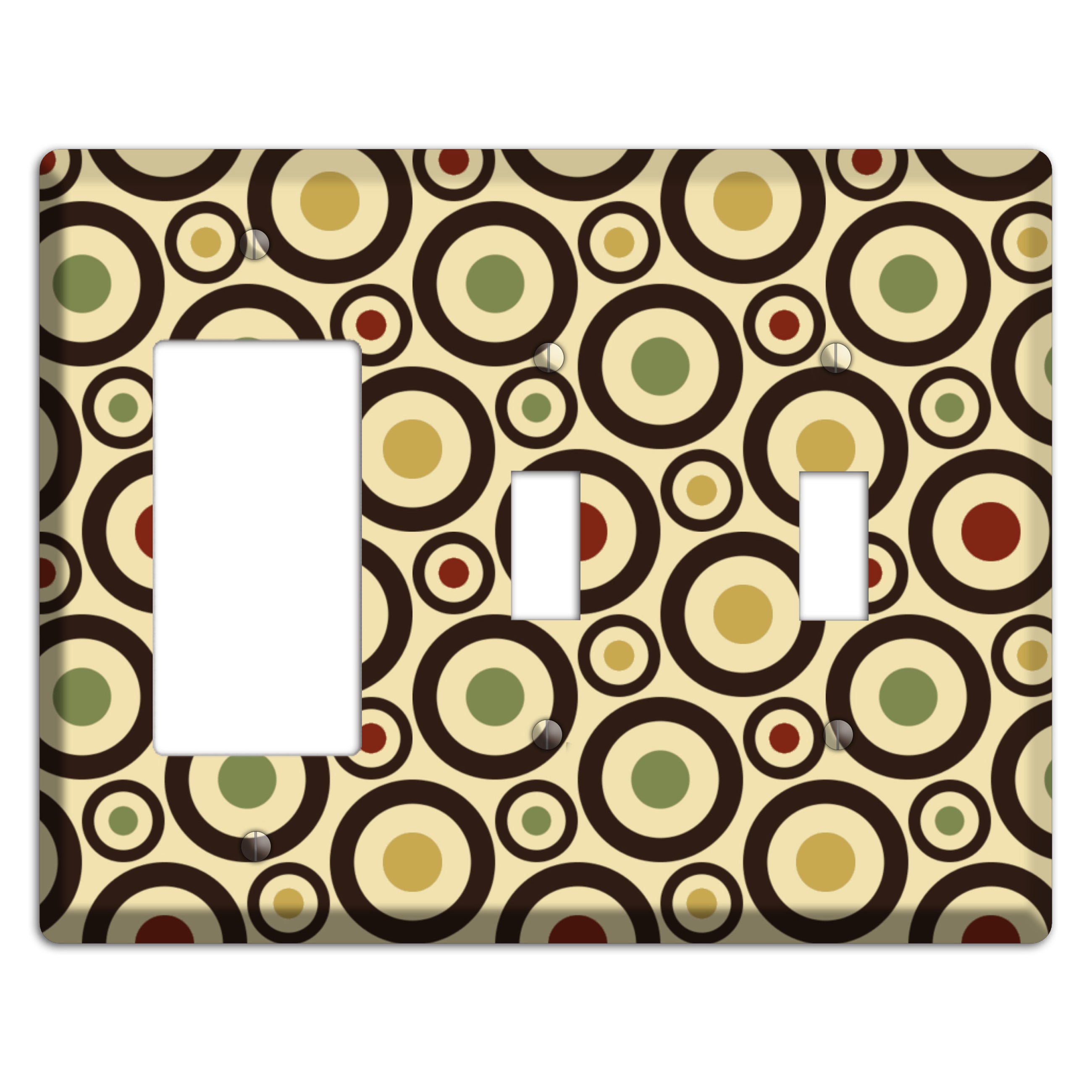 Beige with Olive Mustard Maroon Retro Bullseye Rocker / 2 Toggle Wallplate