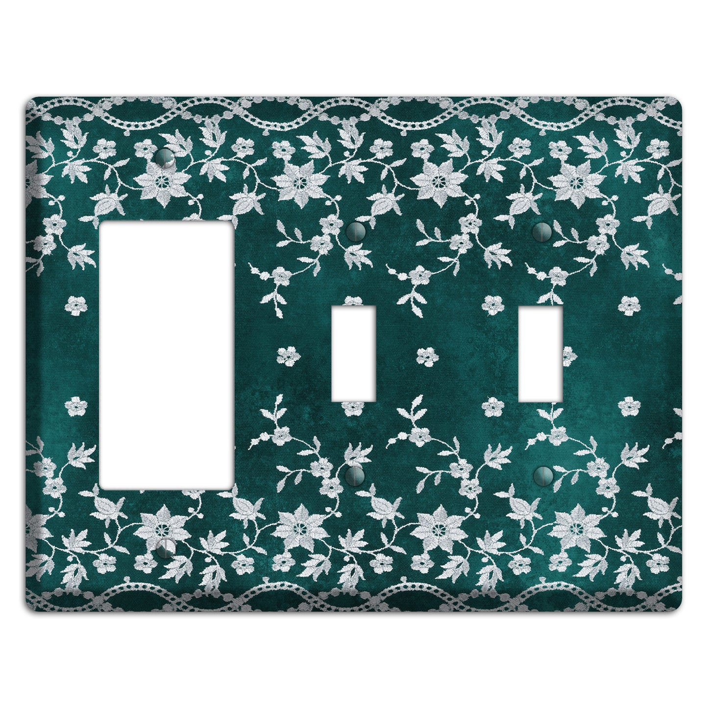 Embroidered Floral Teal Rocker / 2 Toggle Wallplate