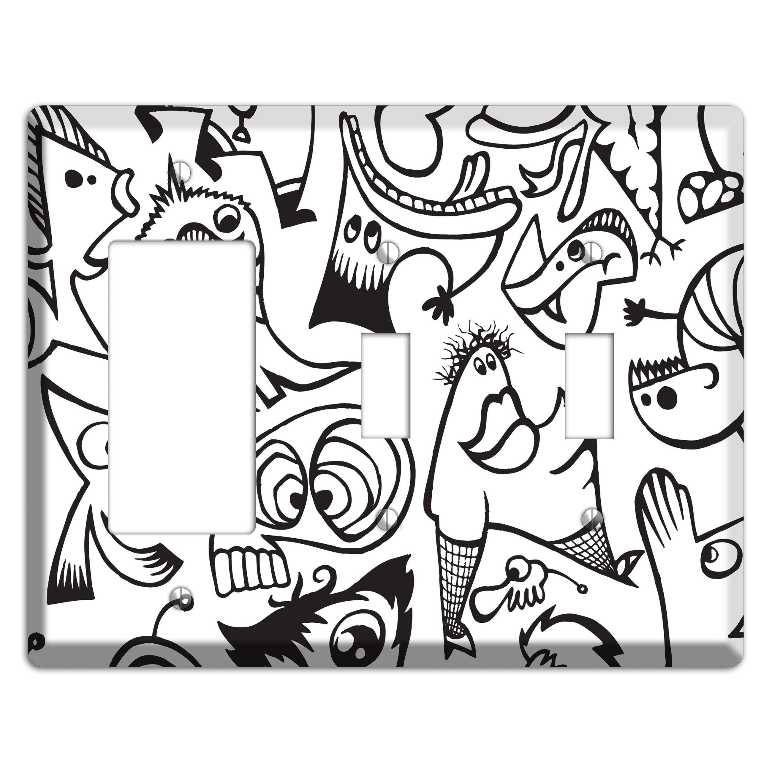 Black and White Whimsical Faces 2 Rocker / 2 Toggle Wallplate