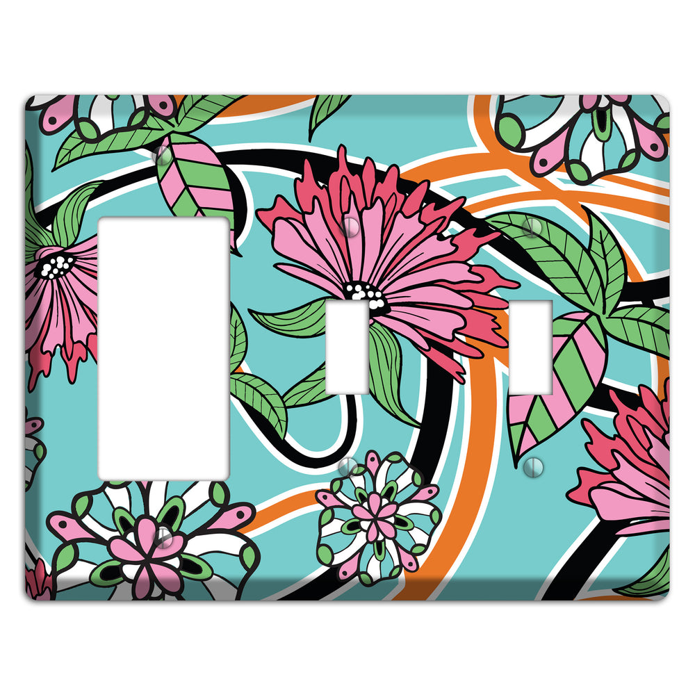 Turquoise with Pink Flowers Rocker / 2 Toggle Wallplate