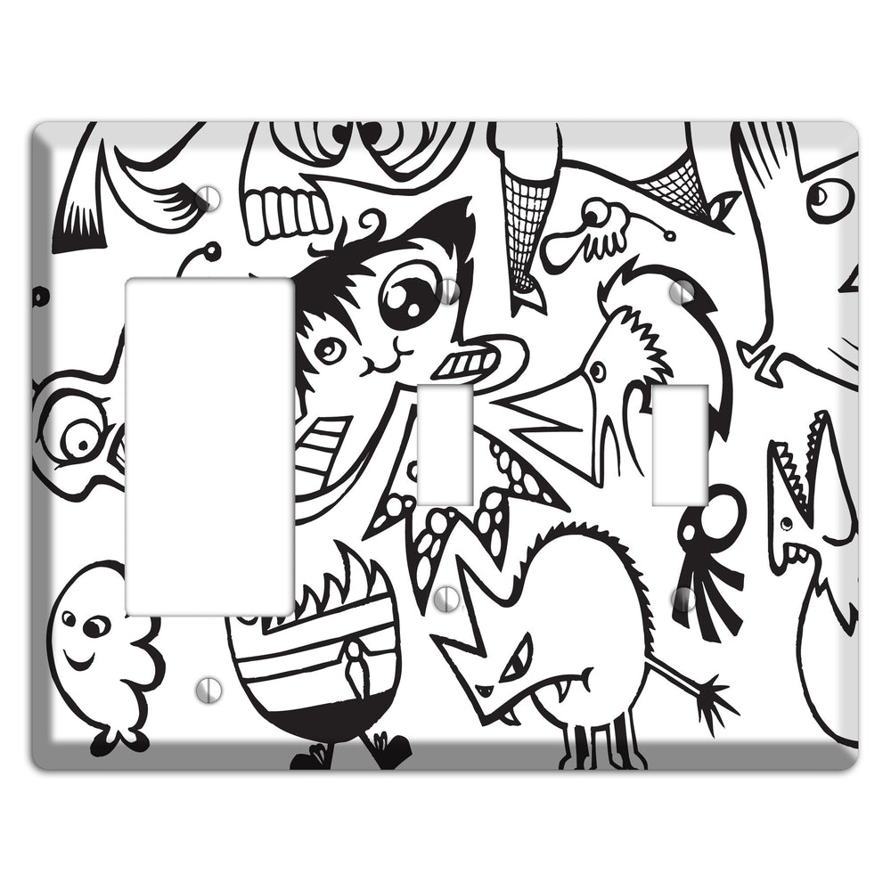 Black and White Whimsical Faces 3 Rocker / 2 Toggle Wallplate