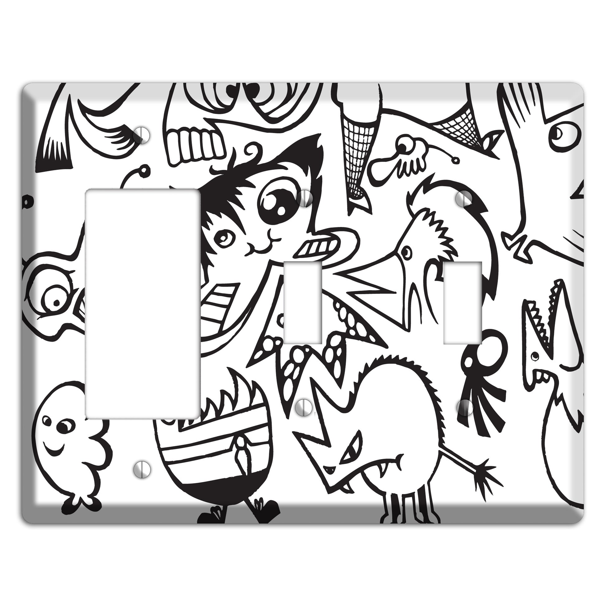 Black and White Whimsical Faces 3 Rocker / 2 Toggle Wallplate