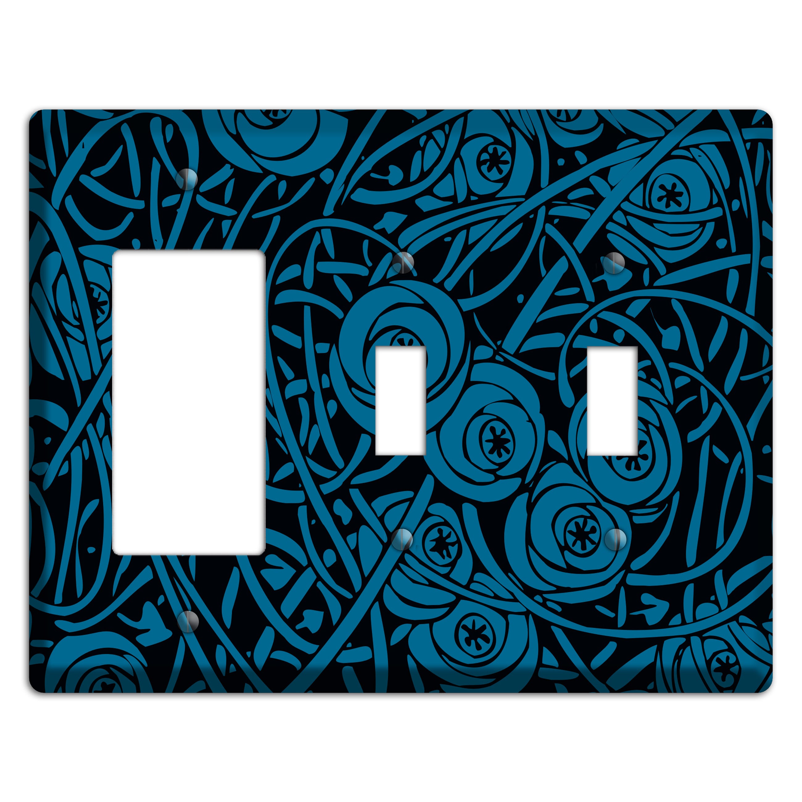 Black and Blue Deco Floral Rocker / 2 Toggle Wallplate