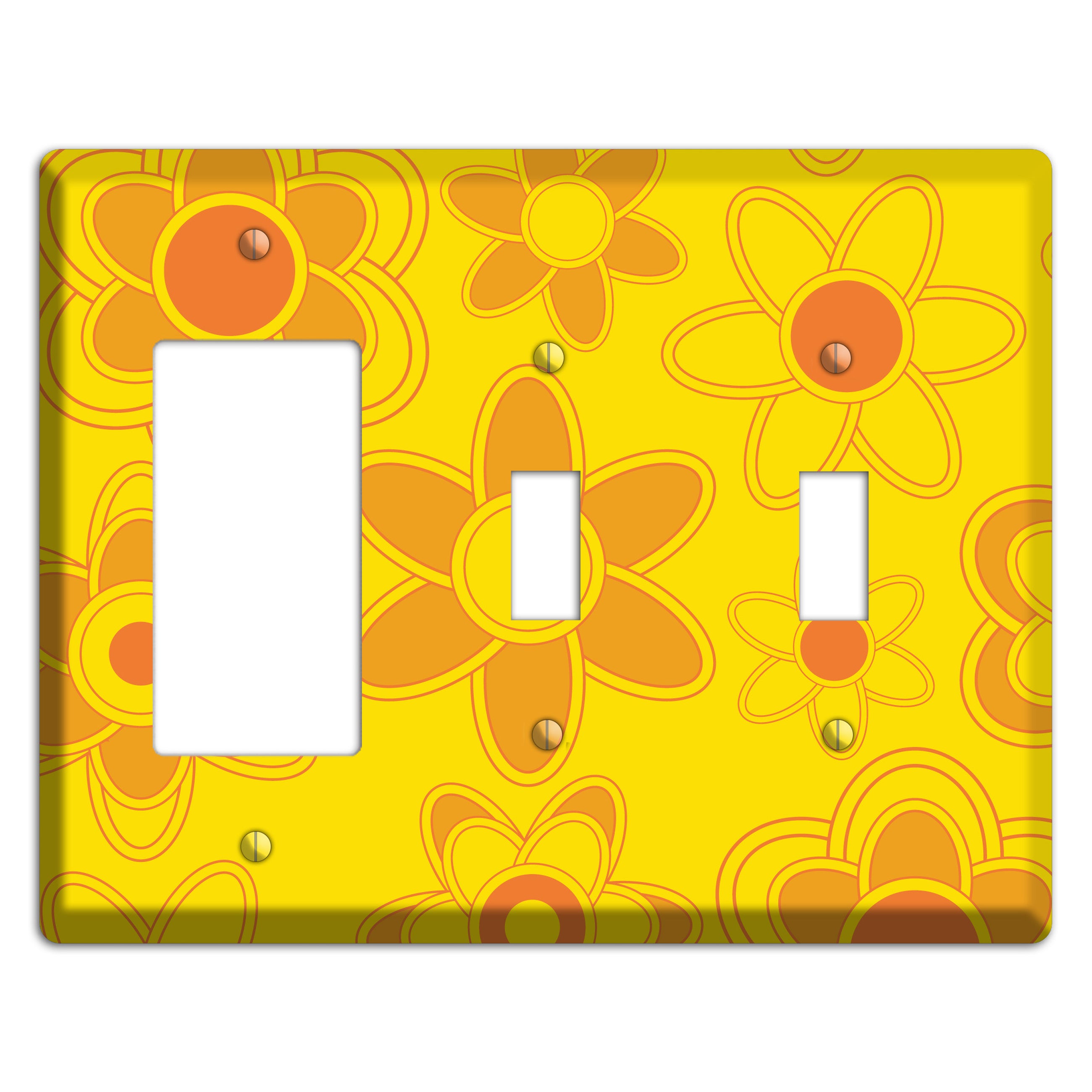 Yellow with Orange Retro Floral Contour Rocker / 2 Toggle Wallplate