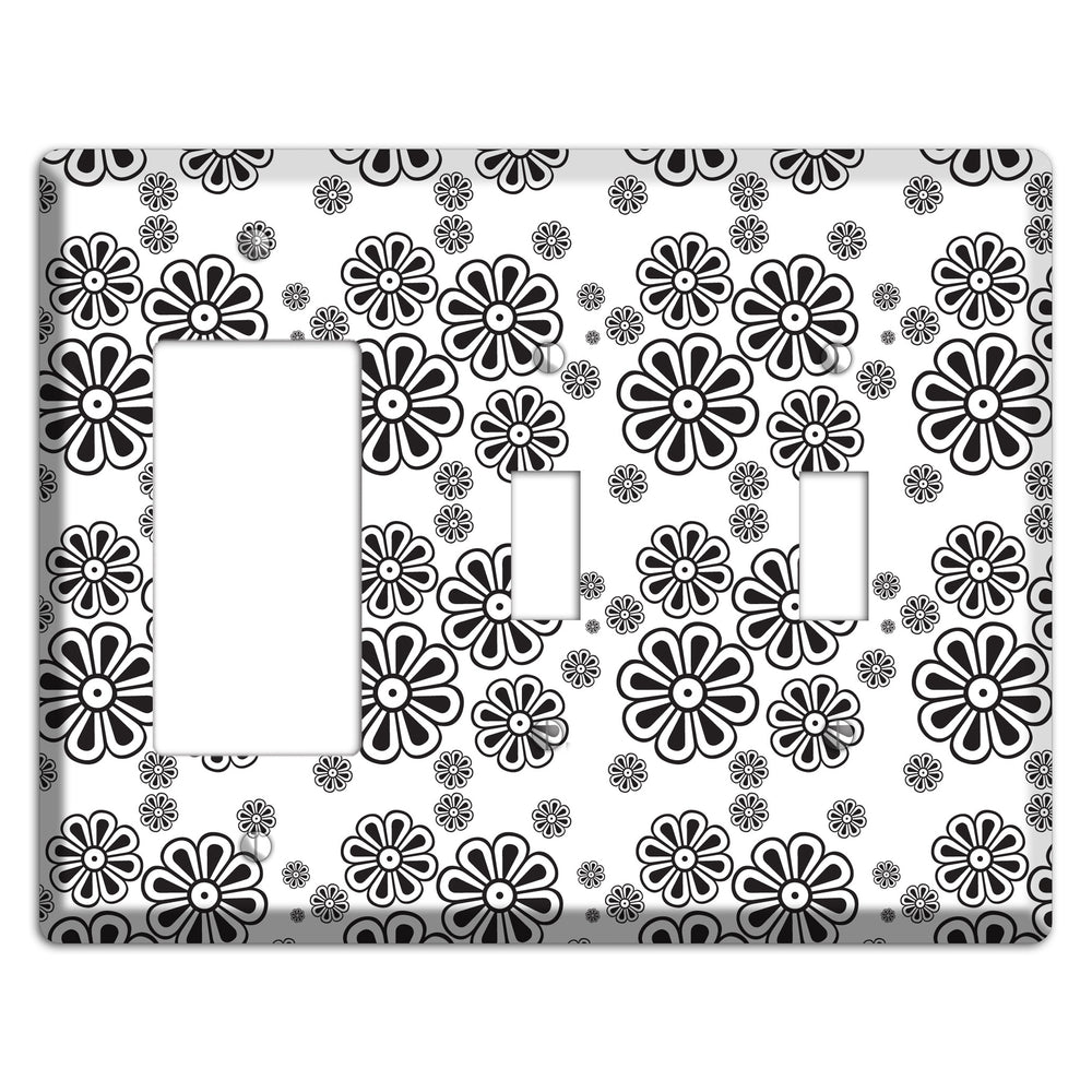 White With Black Small Retro Floral Contour Rocker / 2 Toggle Wallplate