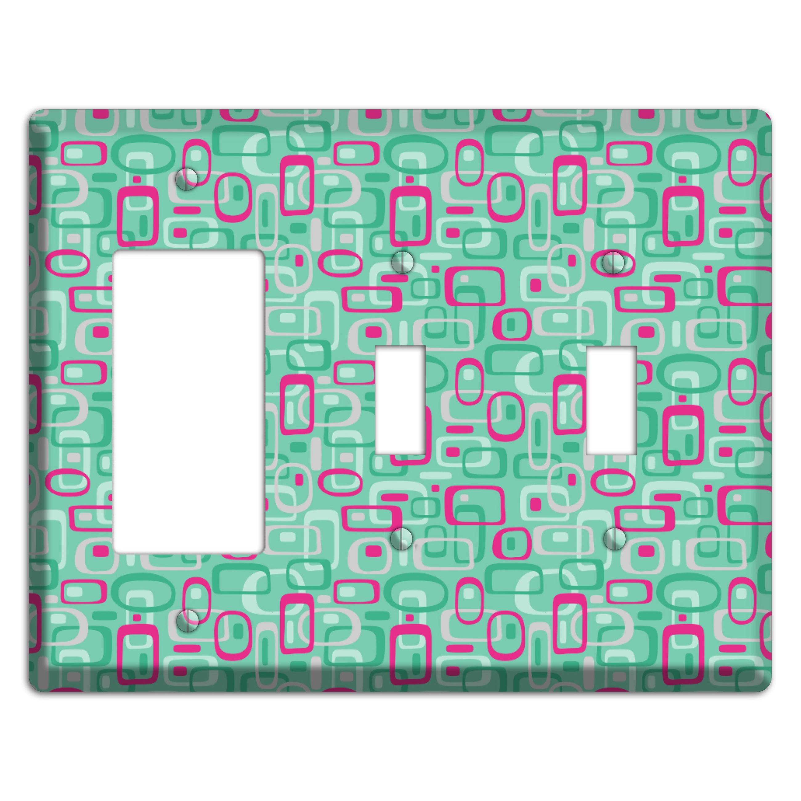 Aqua with Fuschia and Multi Green Retro Squares Rocker / 2 Toggle Wallplate