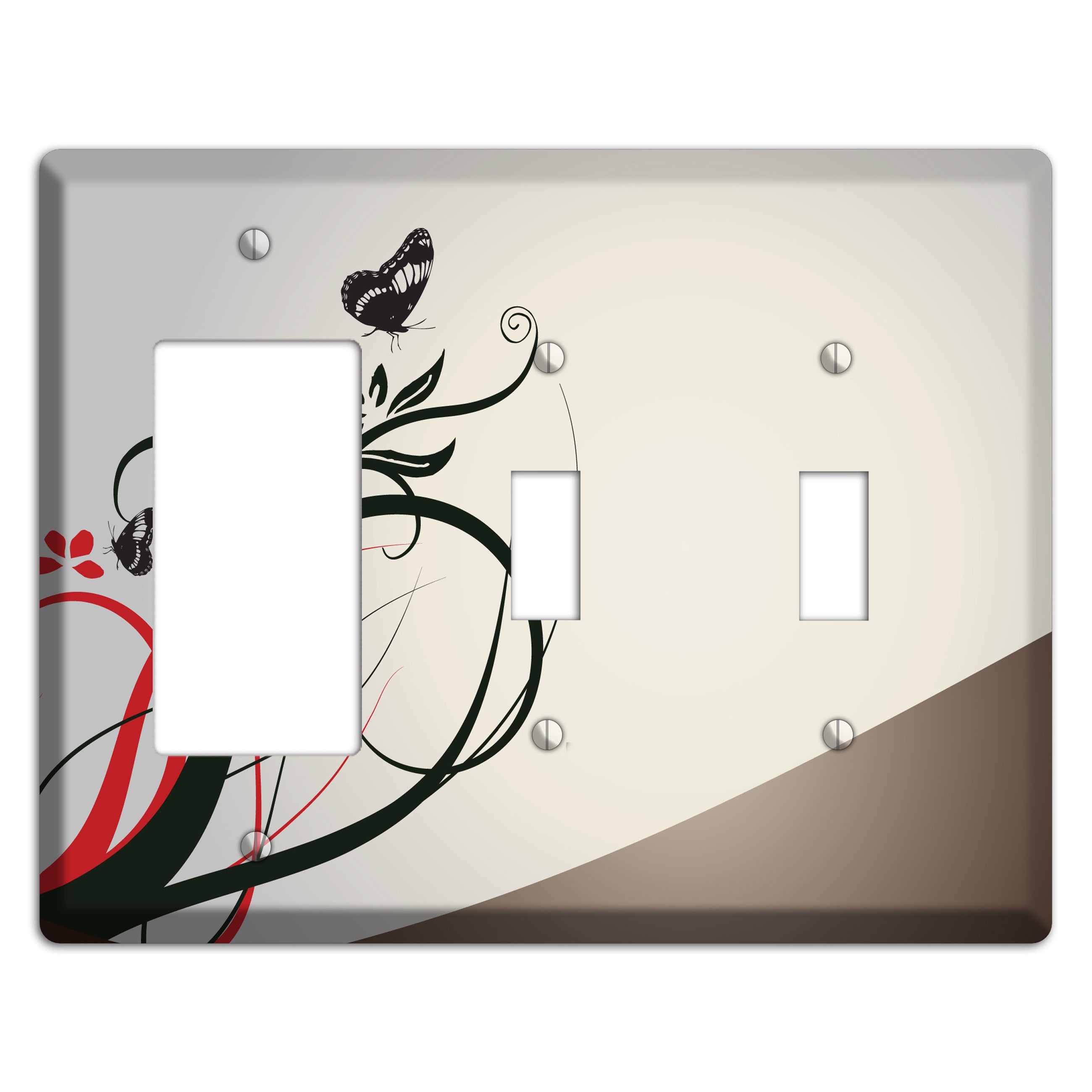 Grey and Red Floral Sprig with Butterfly Rocker / 2 Toggle Wallplate