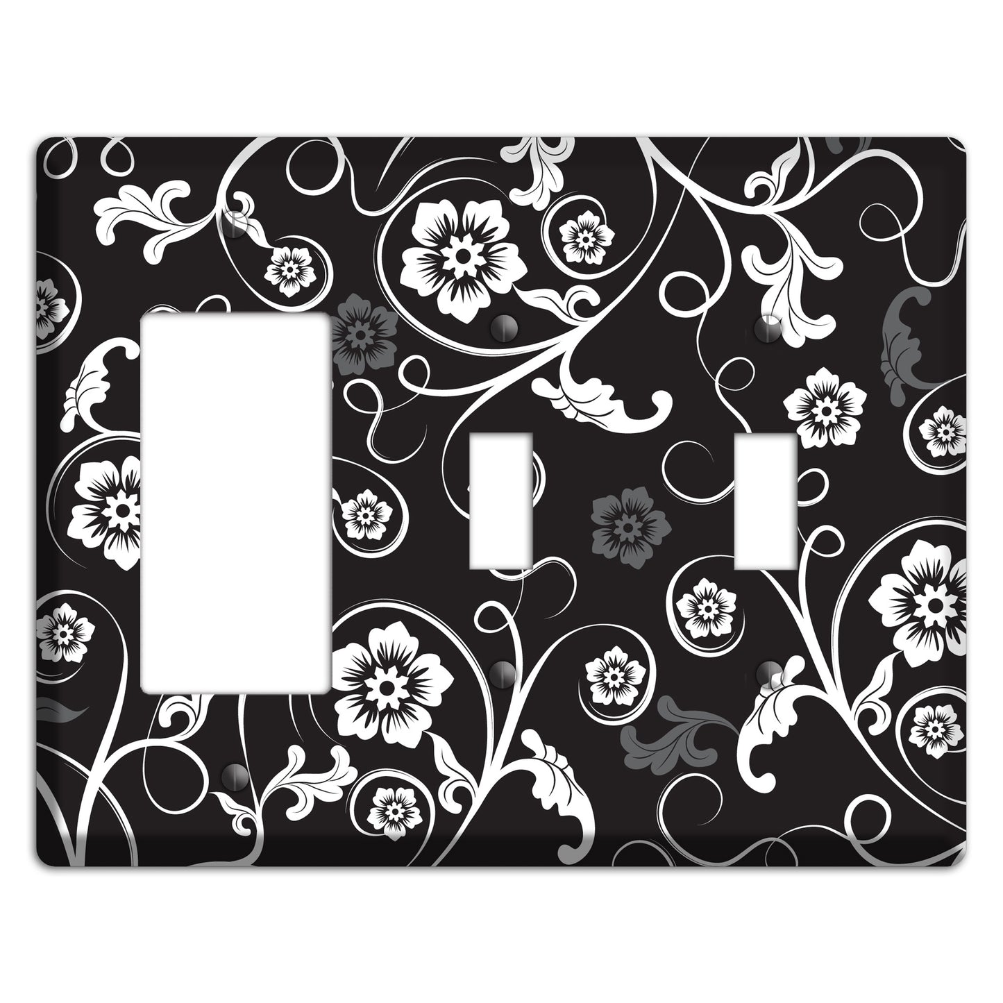 Black with White Flower Sprig Rocker / 2 Toggle Wallplate