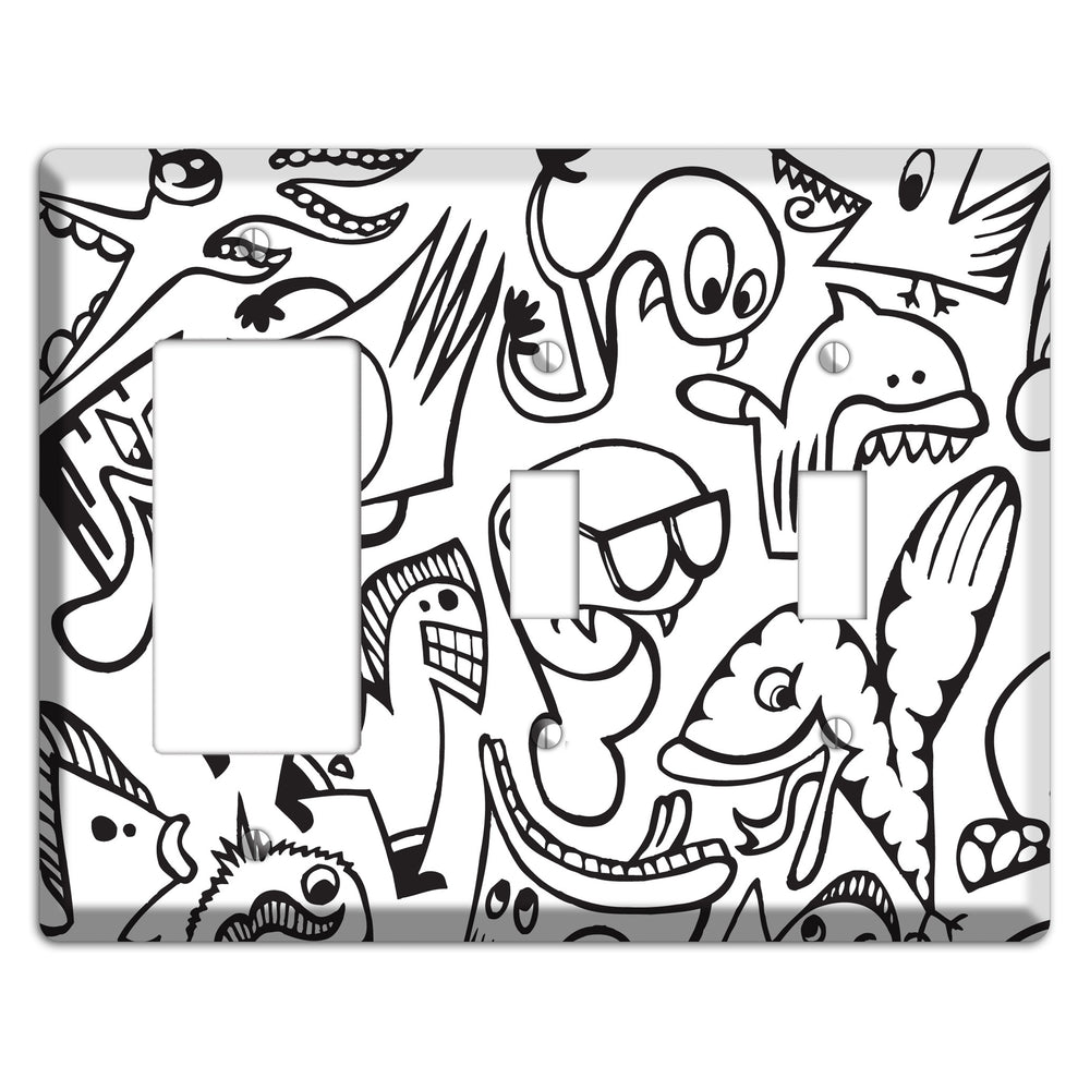 Black and White Whimsical Faces 1 Rocker / 2 Toggle Wallplate