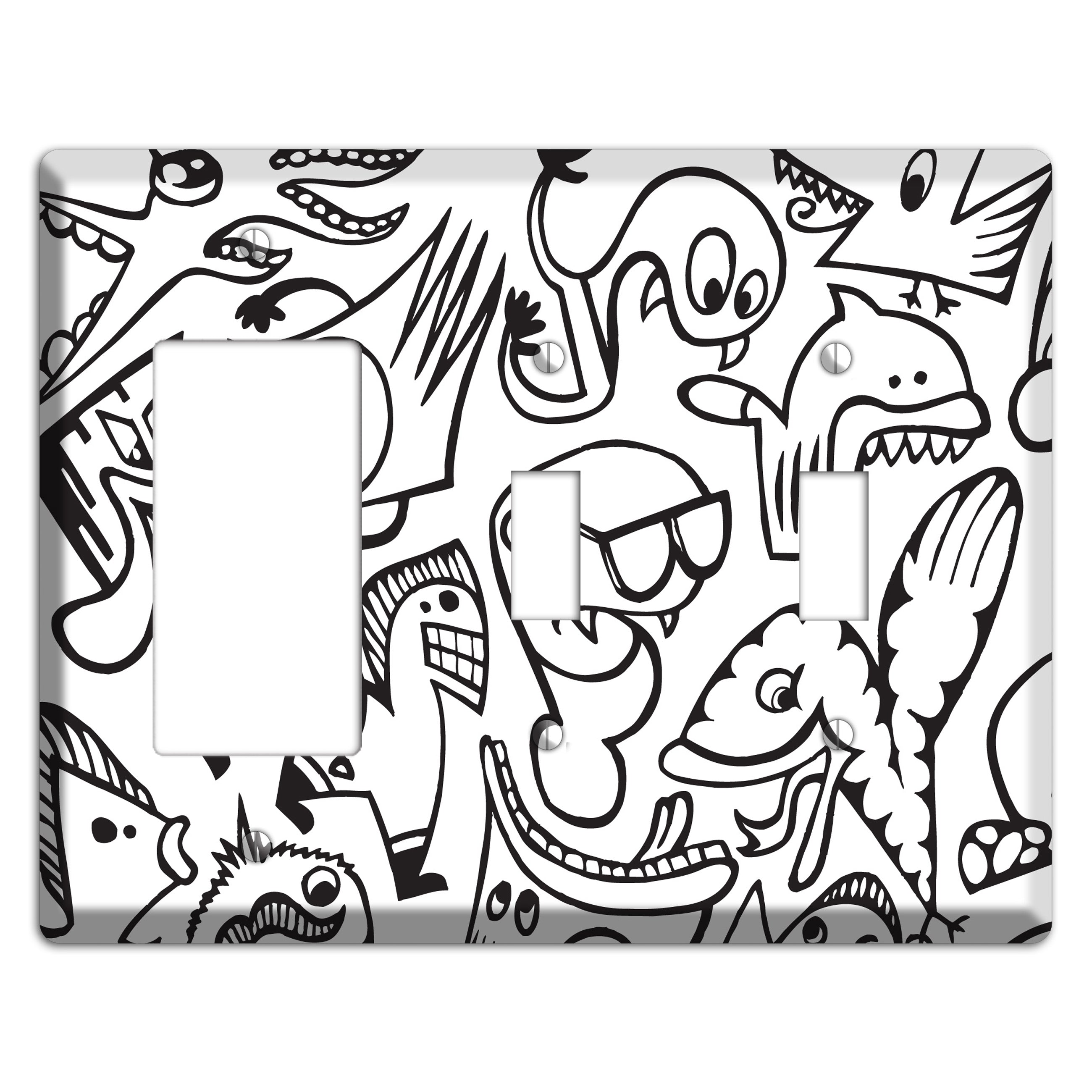 Black and White Whimsical Faces 1 Rocker / 2 Toggle Wallplate
