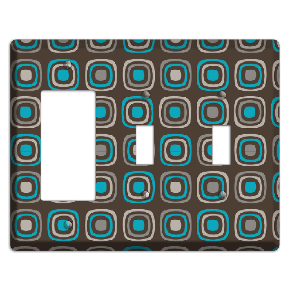 Multi Brown and Turquoise Retro Squares Rocker / 2 Toggle Wallplate