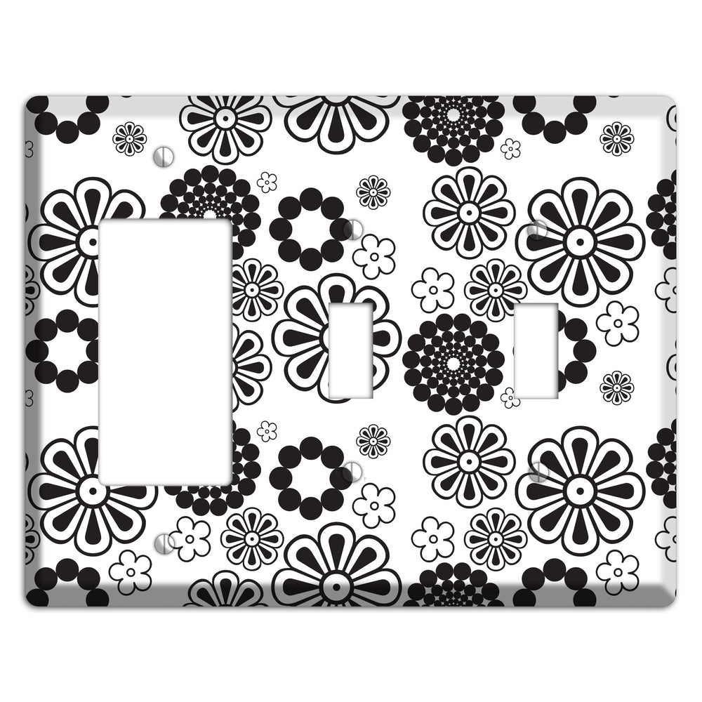 White With Black Retro Floral Contour Rocker / 2 Toggle Wallplate