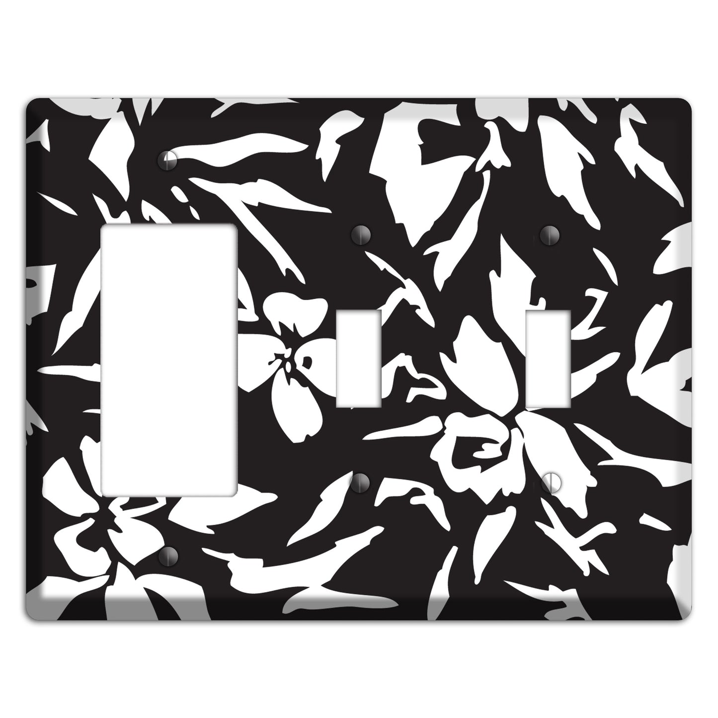 Black with White Woodcut Floral Rocker / 2 Toggle Wallplate
