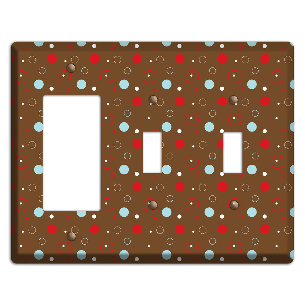 Brown with Red and Dusty Blue Dots and Circles Rocker / 2 Toggle Wallplate