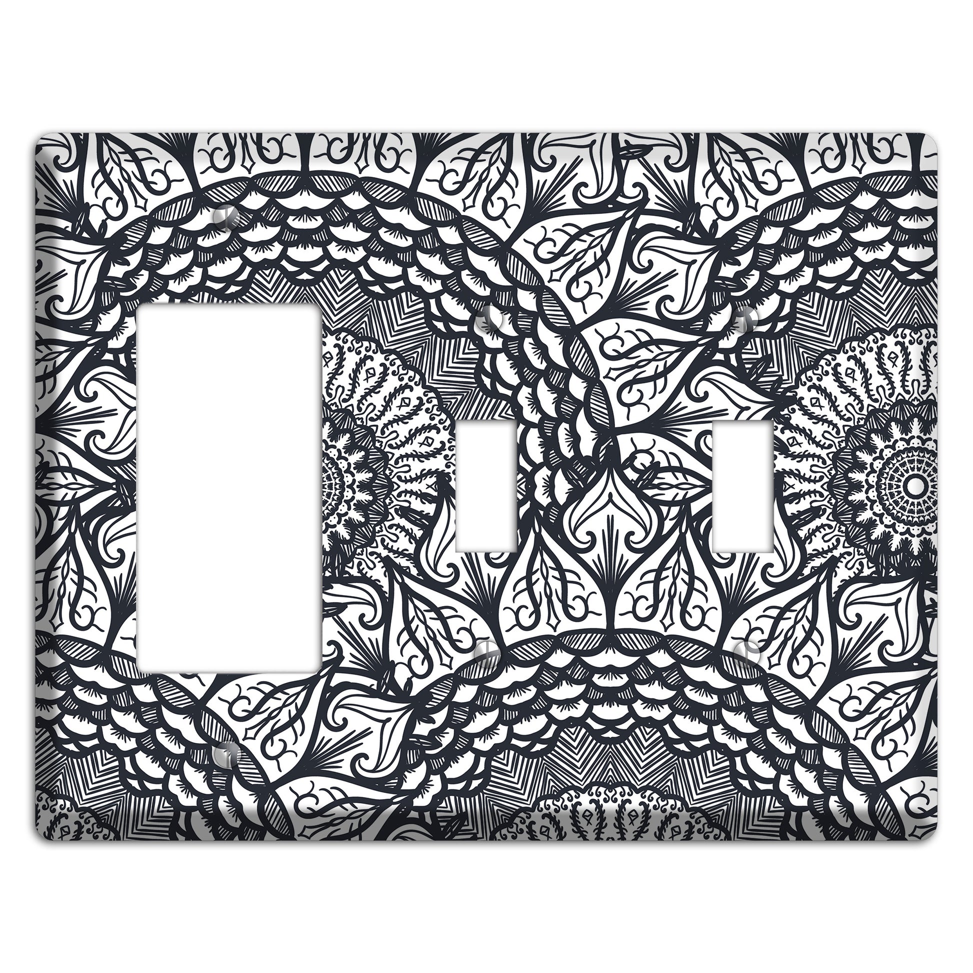 Mandala Black and White Style L Cover Plates Rocker / 2 Toggle Wallplate