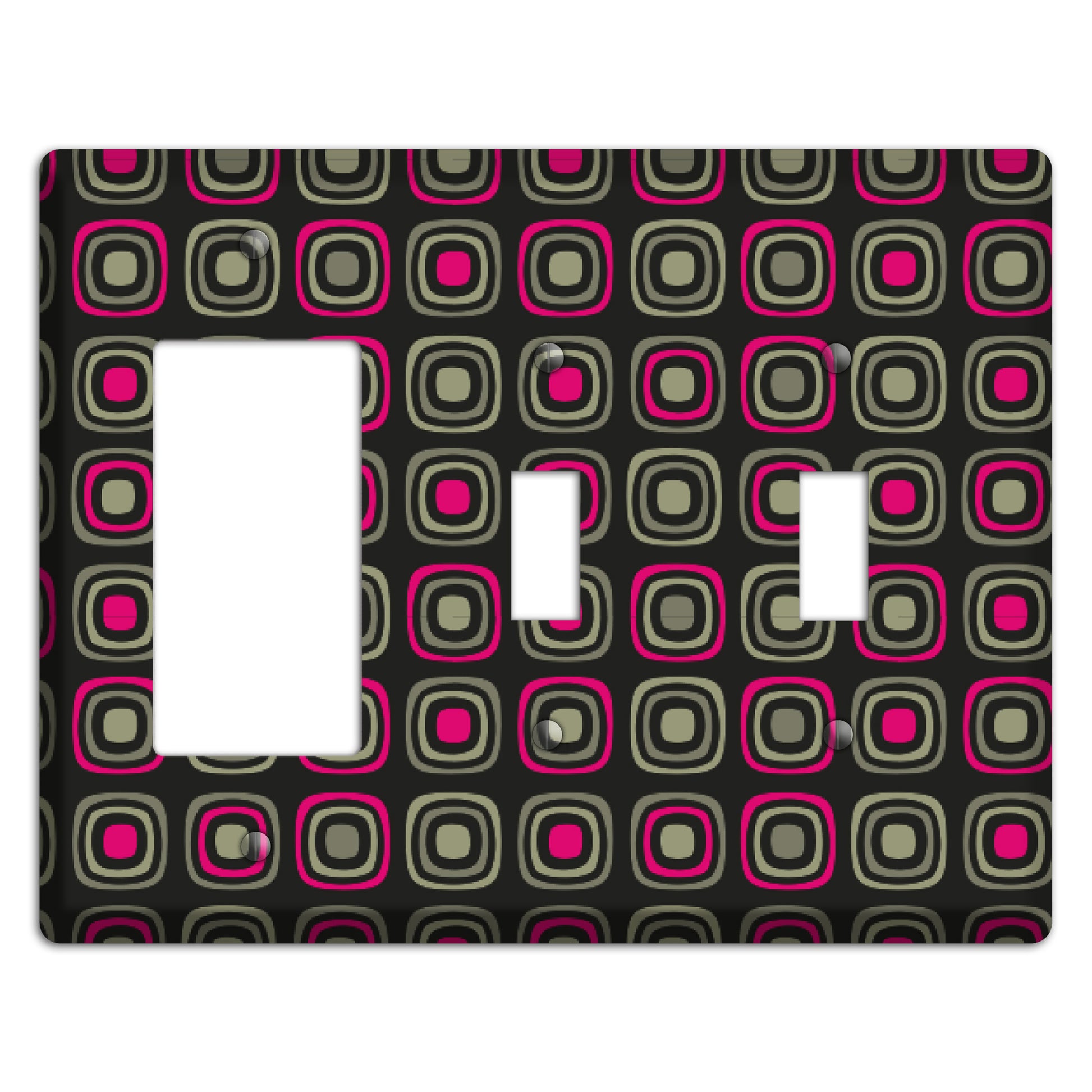 Multi Brown Fuschia Olive Retro Squares Rocker / 2 Toggle Wallplate