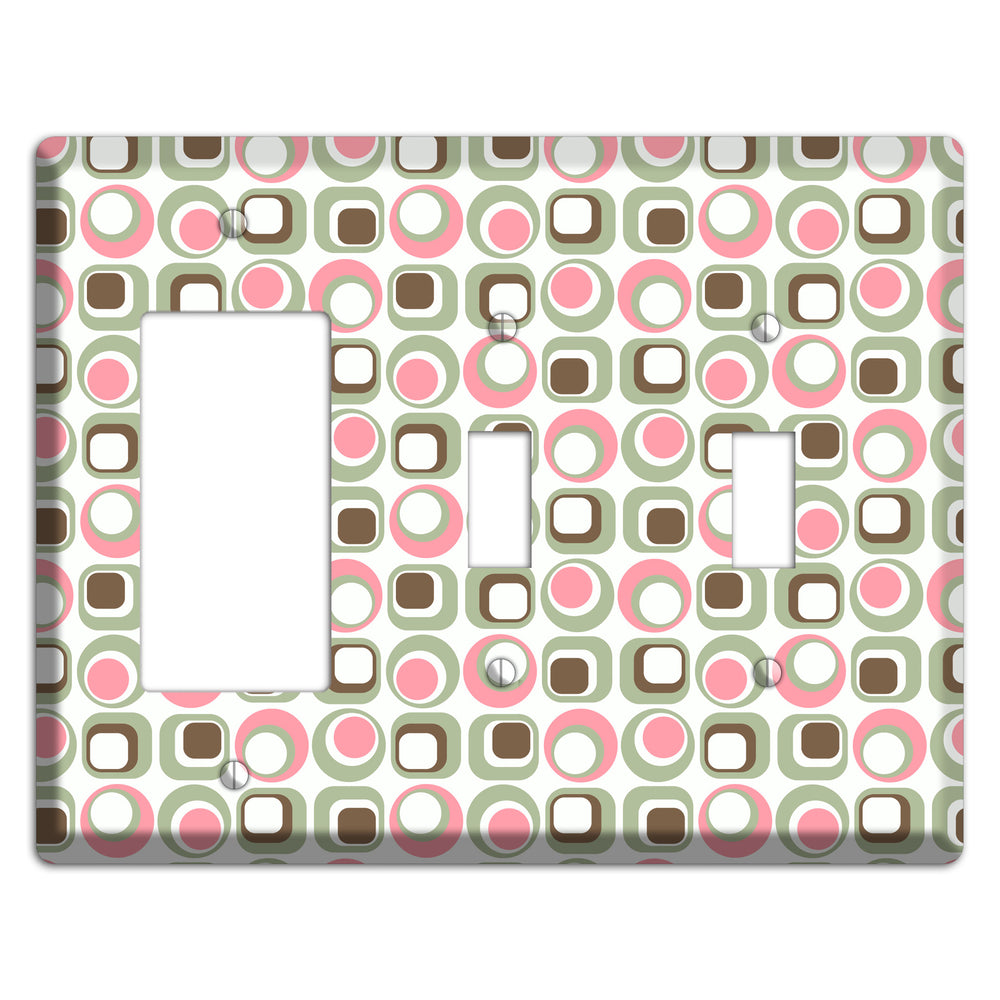 White with Pink Sage Brown Retro Squares and Circles Rocker / 2 Toggle Wallplate