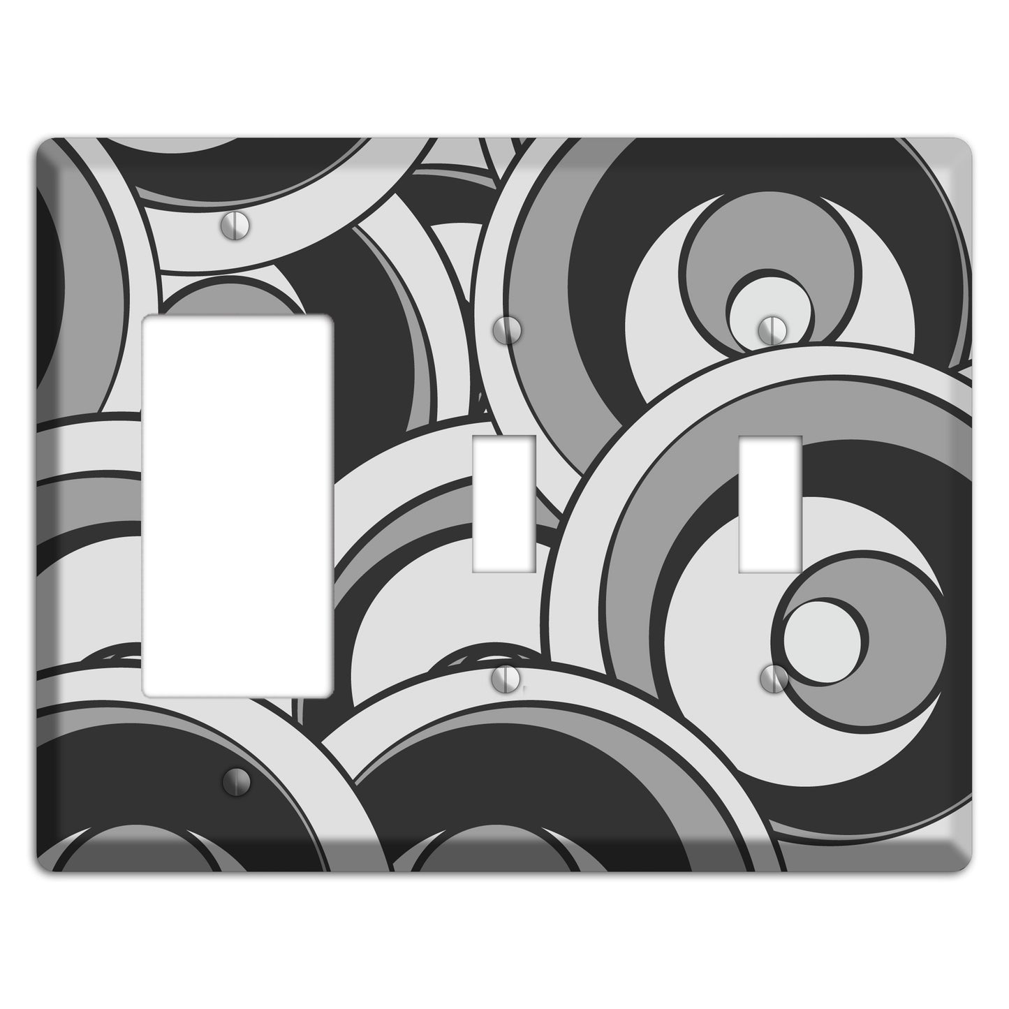 Black and Grey Deco Circles Rocker / 2 Toggle Wallplate