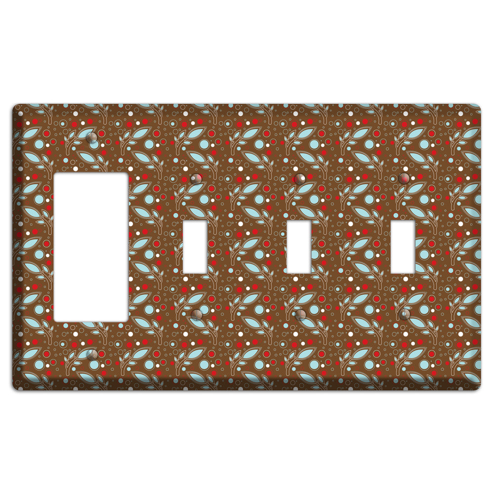 Brown with Red and Dusty Blue Retro Sprig Rocker / 3 Toggle Wallplate