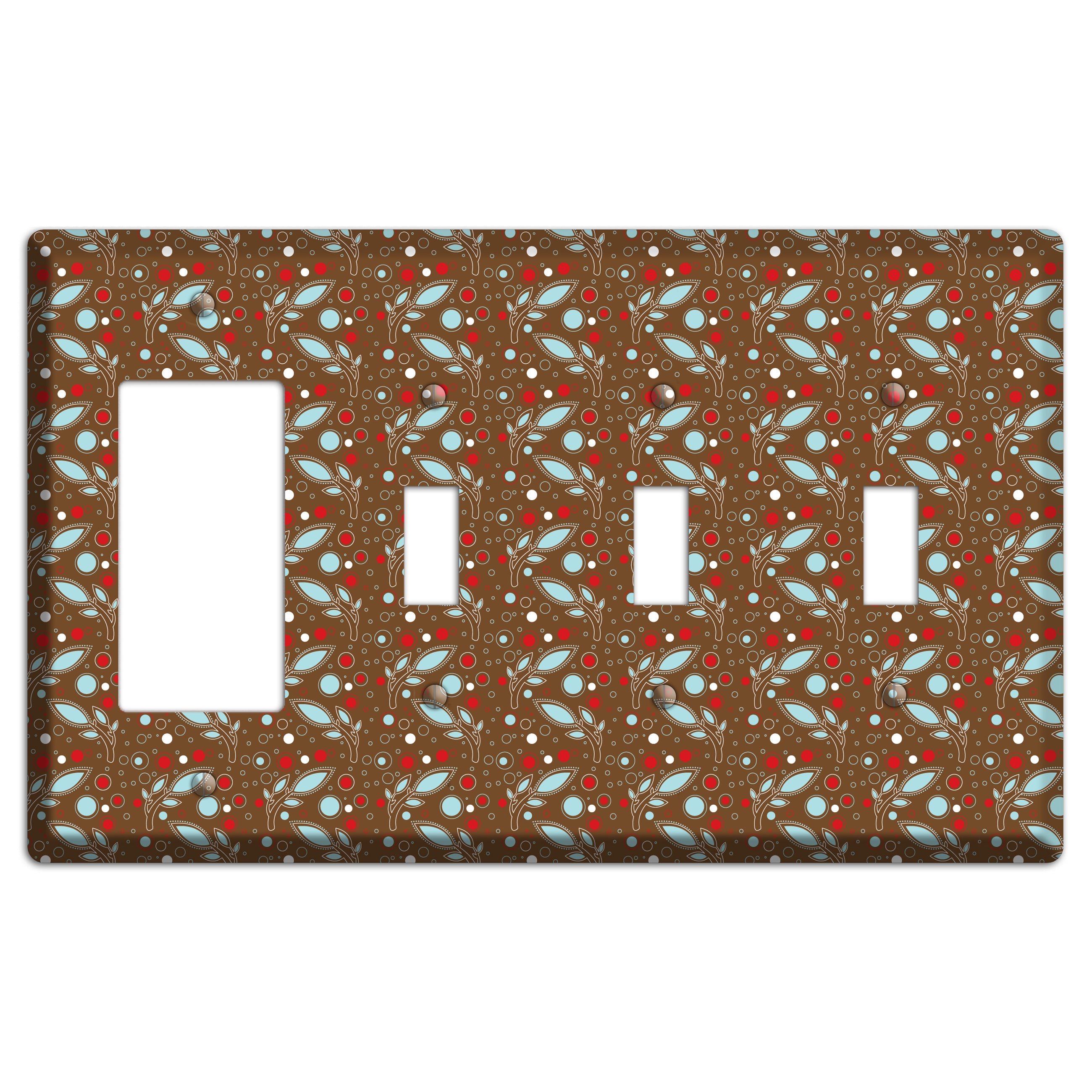 Brown with Red and Dusty Blue Retro Sprig Rocker / 3 Toggle Wallplate