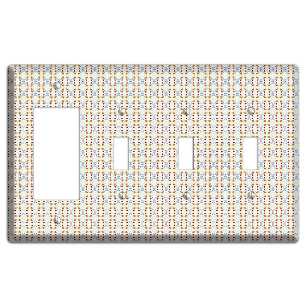 Off White Red Blue Retro Arabesque Rocker / 3 Toggle Wallplate