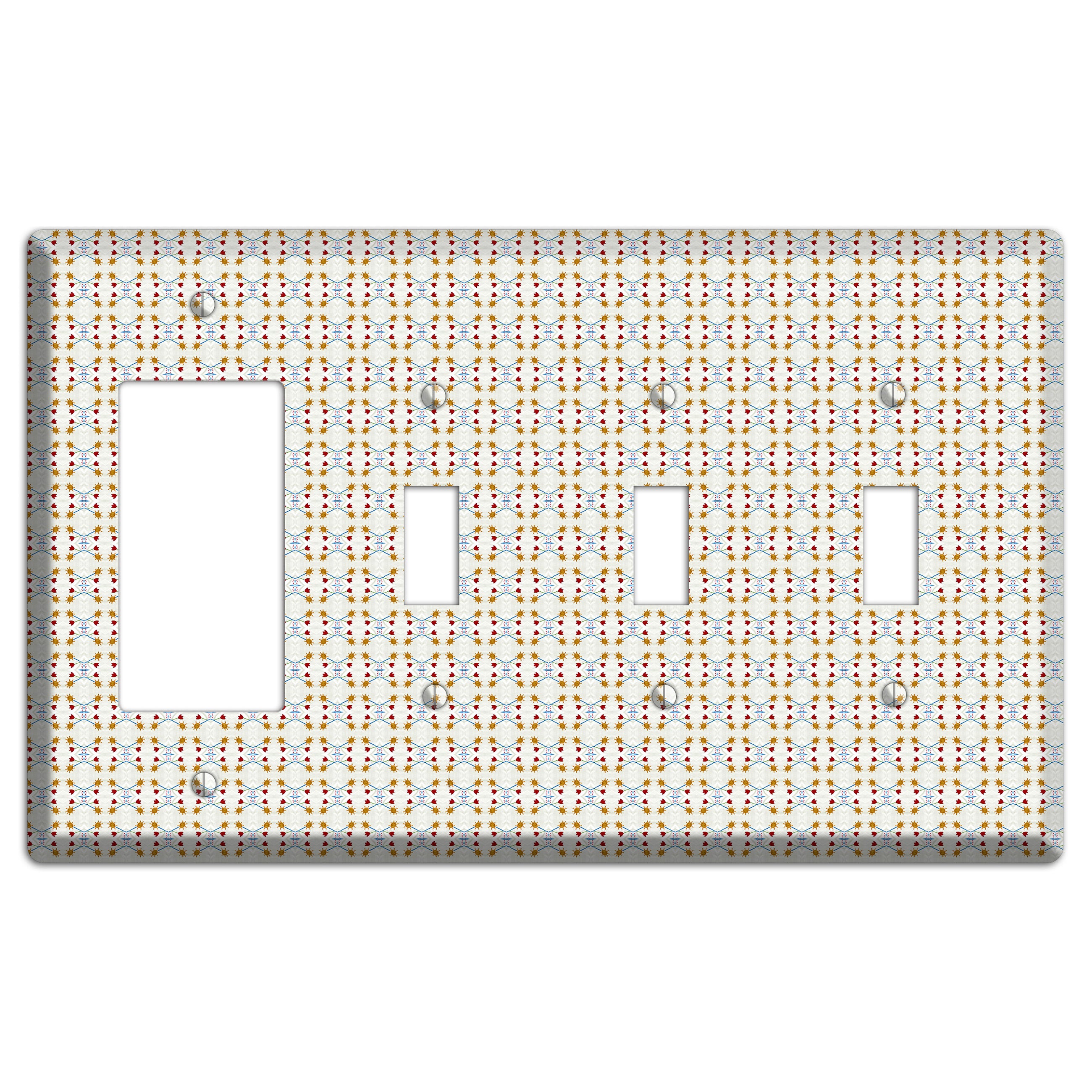 Off White Red Blue Retro Arabesque Rocker / 3 Toggle Wallplate