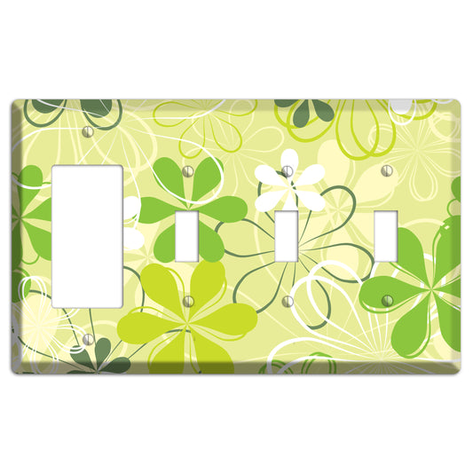 Green Retro Flowers Rocker / 3 Toggle Wallplate