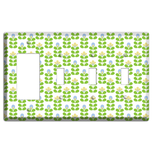 Green Deco Floral Half Drop Rocker / 3 Toggle Wallplate