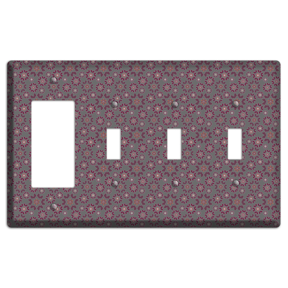 Grey with Tiny Burgundy Retro Suzani Rocker / 3 Toggle Wallplate
