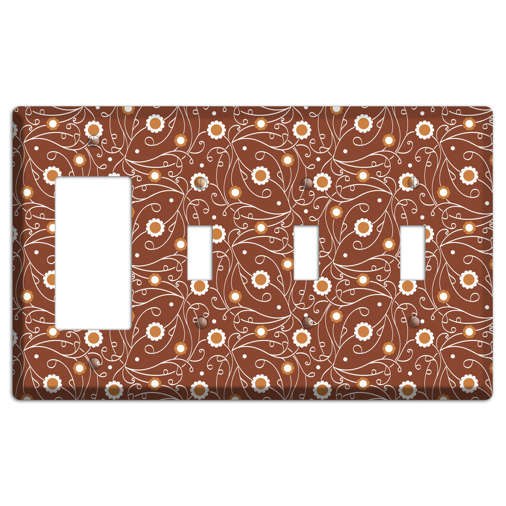 Brown Vine Floral Rocker / 3 Toggle Wallplate
