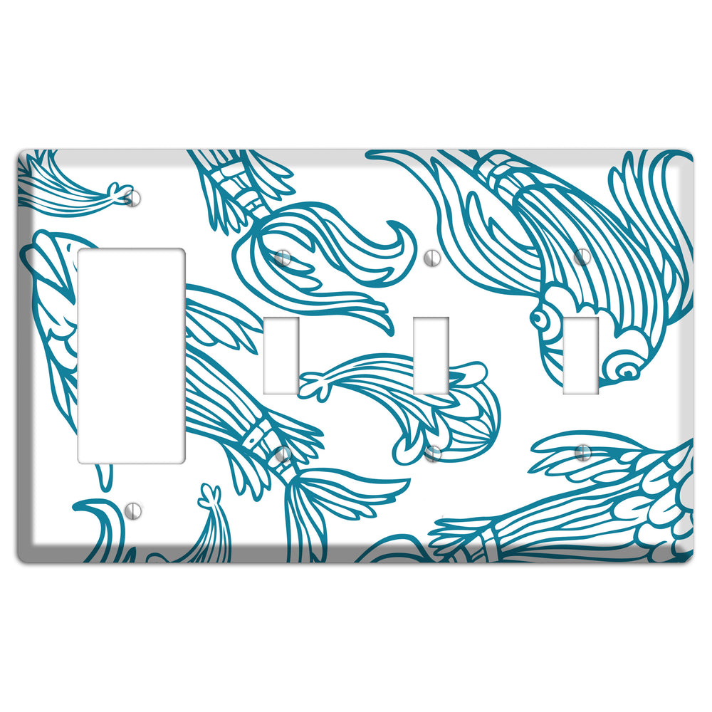 Teal and White Koi Rocker / 3 Toggle Wallplate