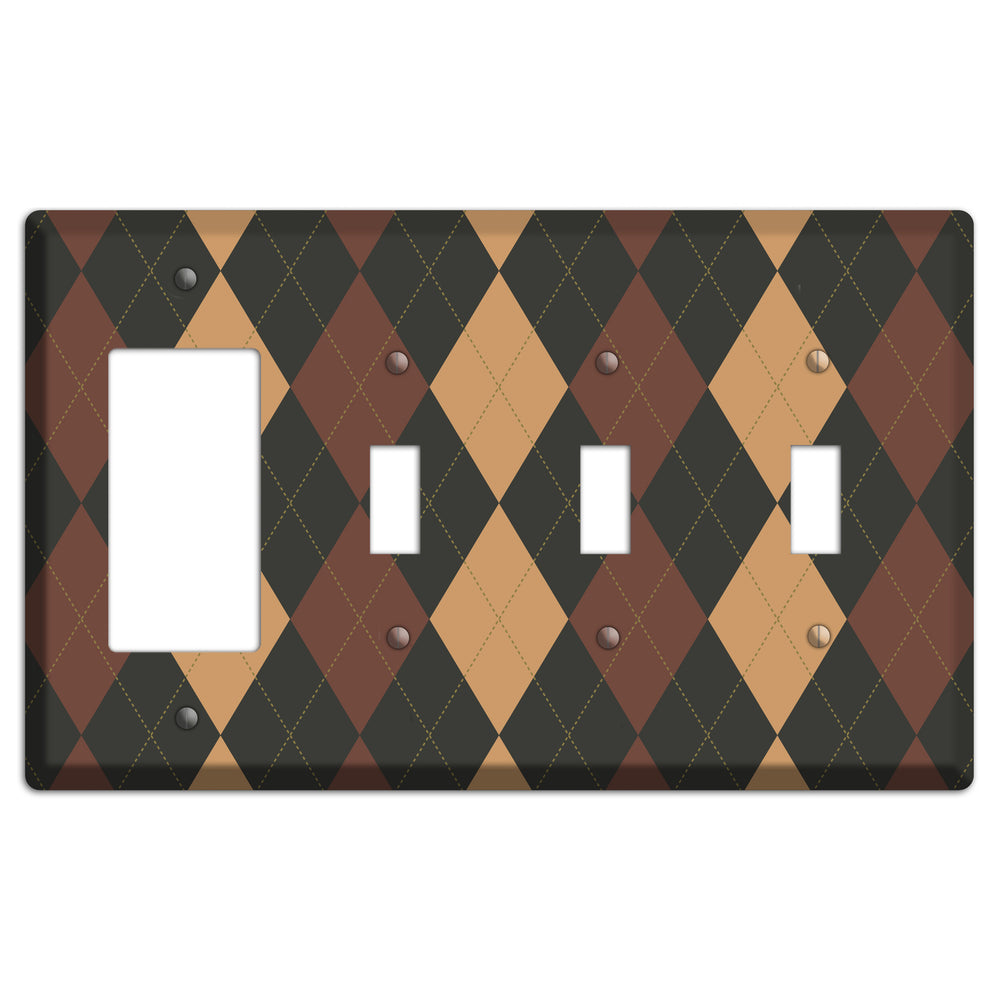 Maroon and Tan Argyle Rocker / 3 Toggle Wallplate