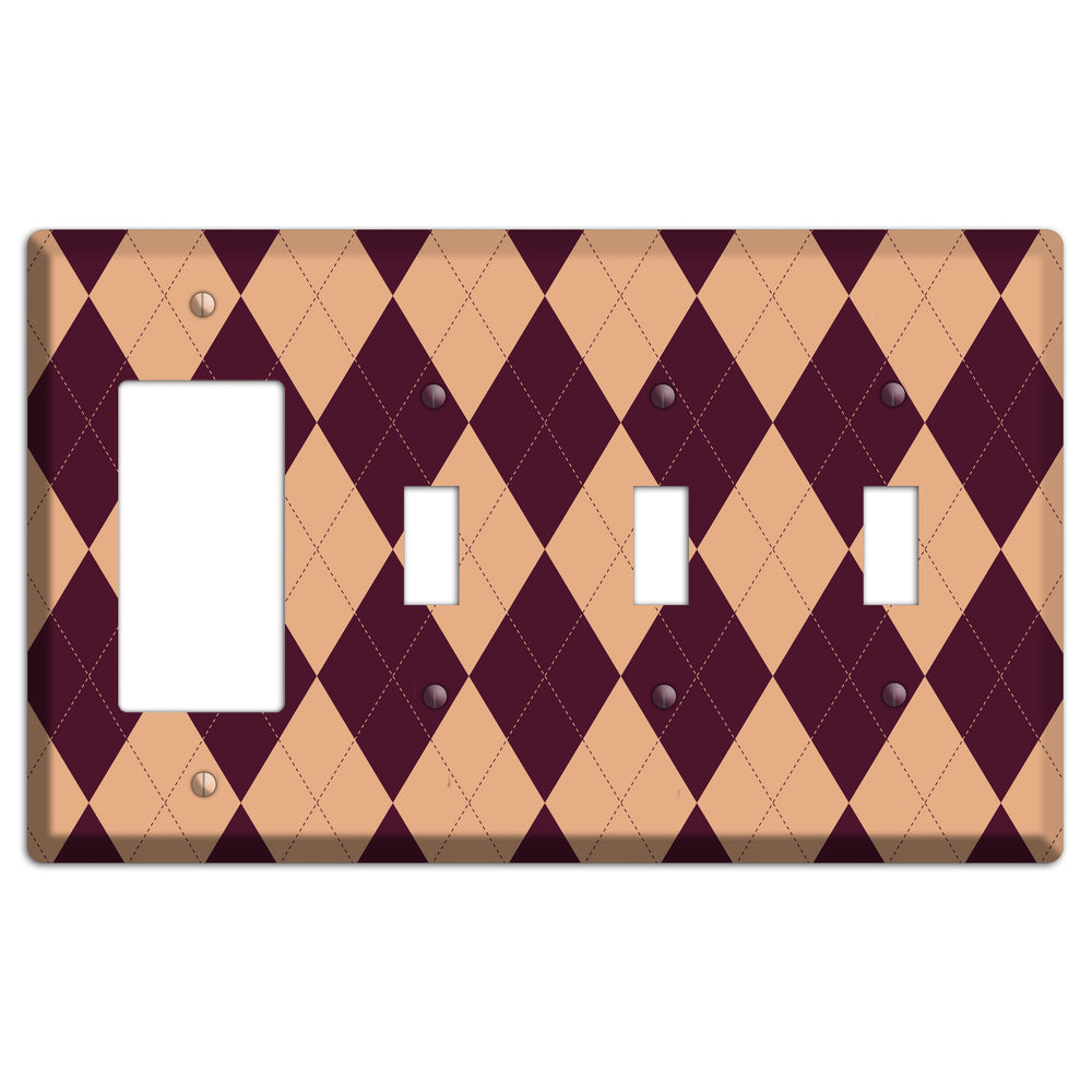 Purple and Beige Argyle Rocker / 3 Toggle Wallplate