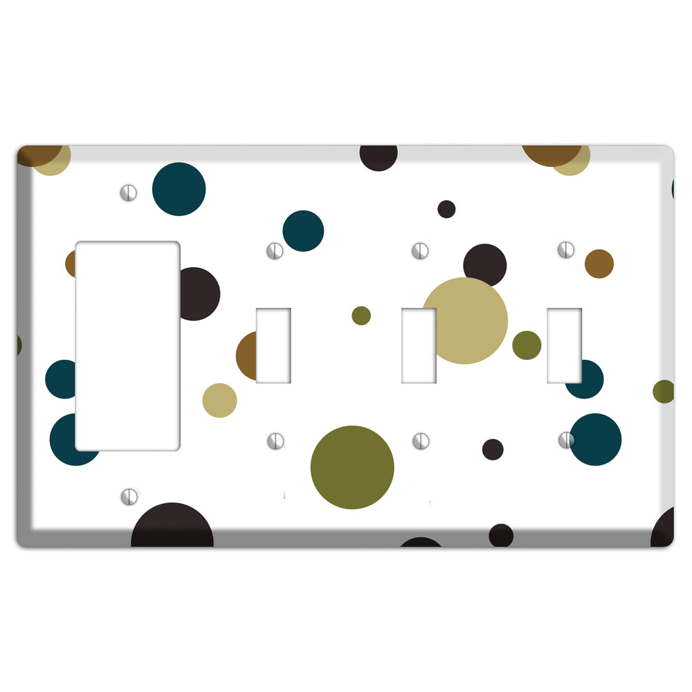 White With Multi Blue and Brown Medium Dots Rocker / 3 Toggle Wallplate