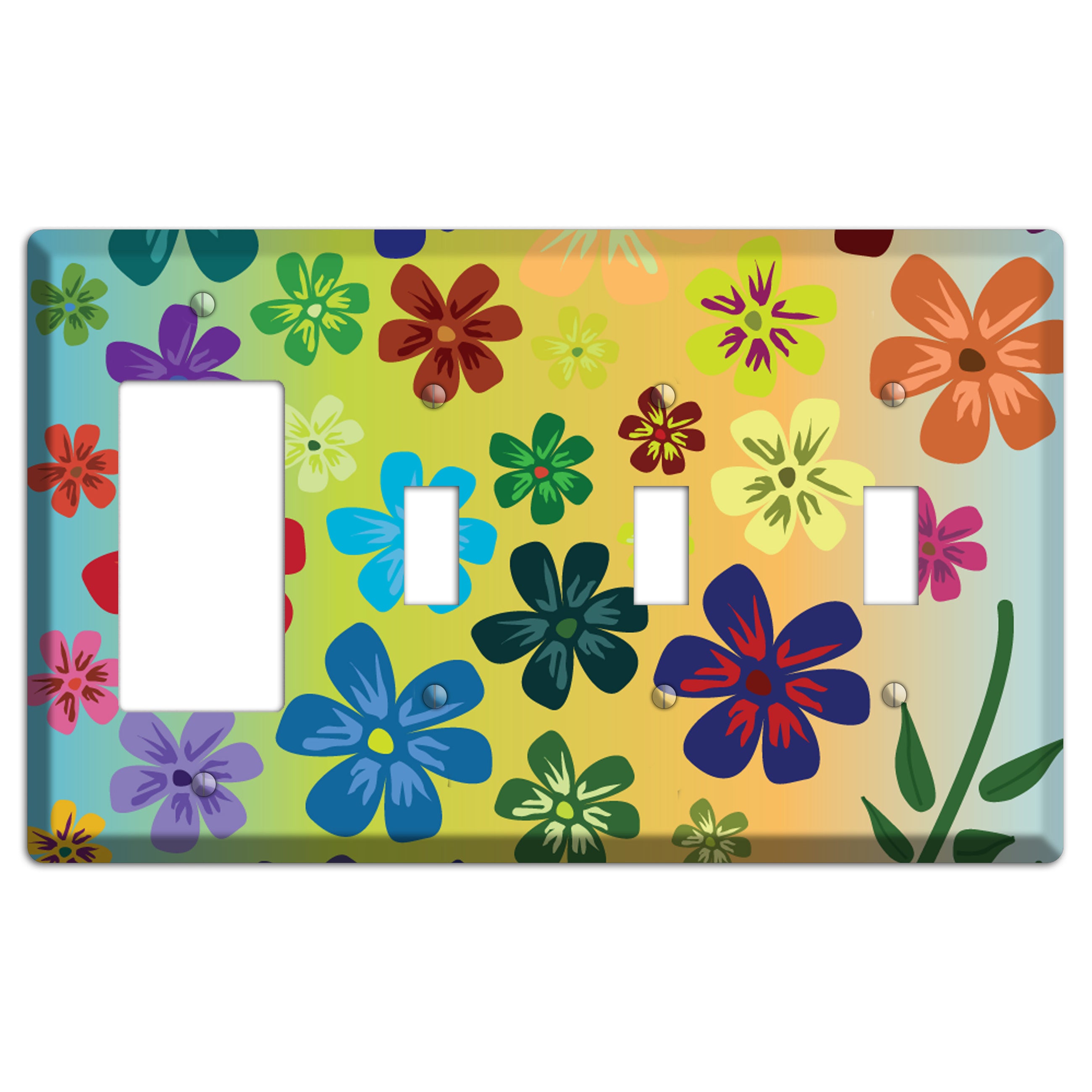 Blue to yellow Flowers Rocker / 3 Toggle Wallplate