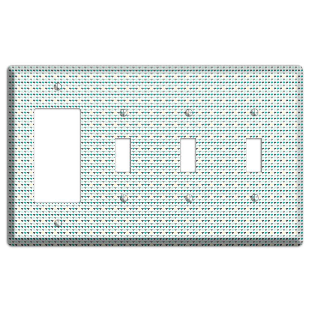 Multi Teal Grey Yellow Optical Hearts Rocker / 3 Toggle Wallplate