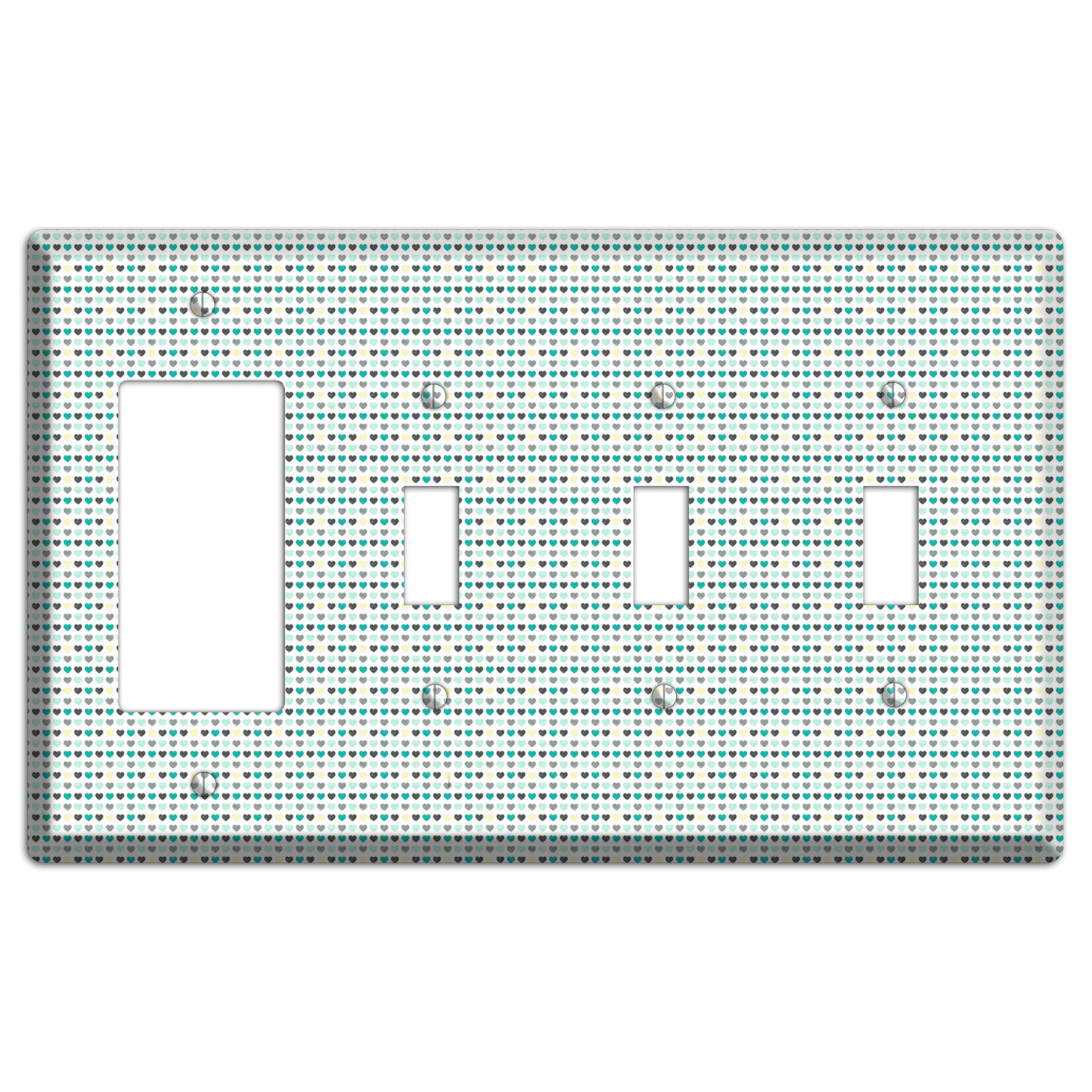 Multi Teal Grey Yellow Optical Hearts Rocker / 3 Toggle Wallplate