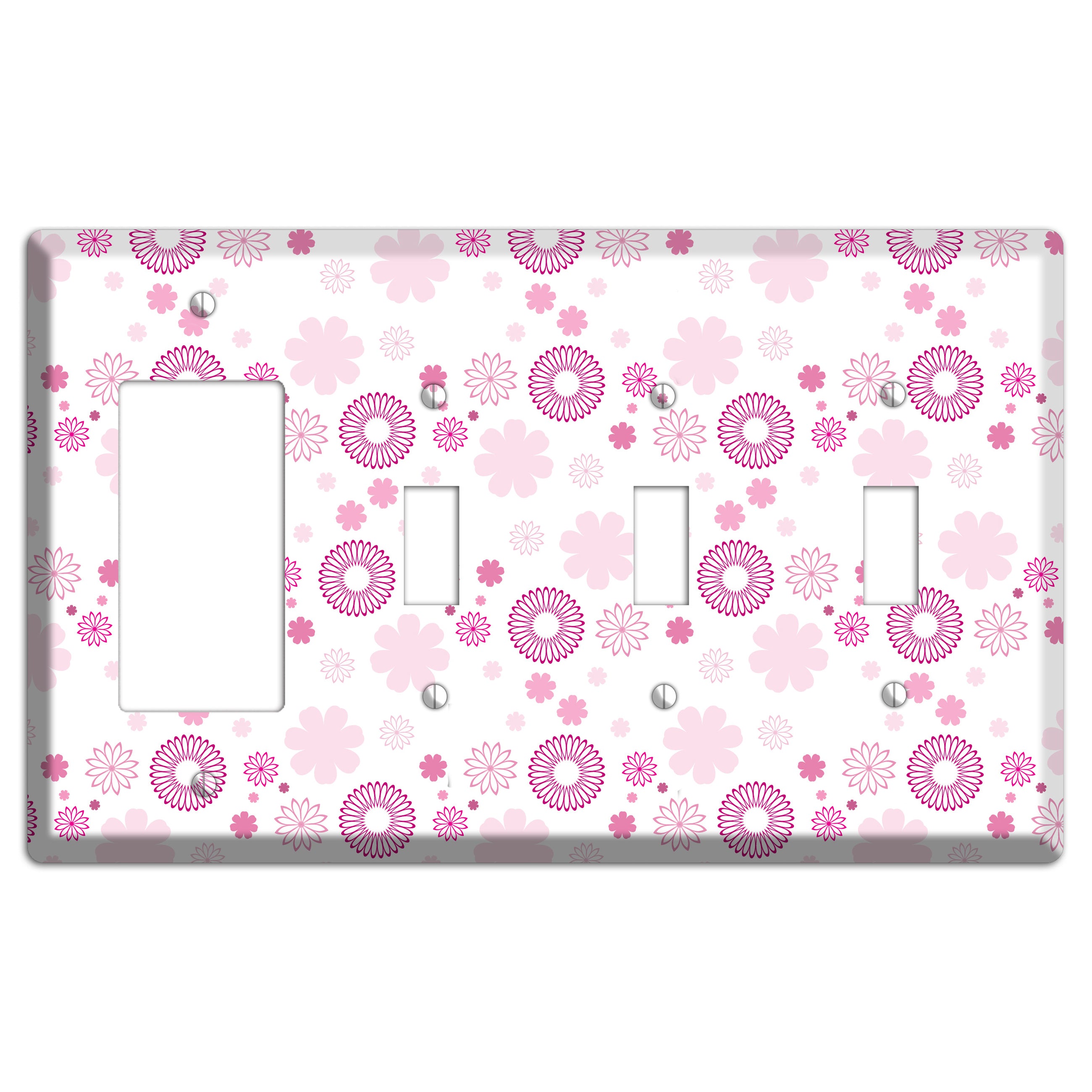 White with Pink and Purple Floral Contour Retro Burst Rocker / 3 Toggle Wallplate