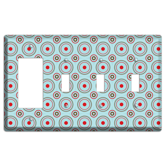 Dusty Blue with Red and Brown Retro Suzani Rocker / 3 Toggle Wallplate