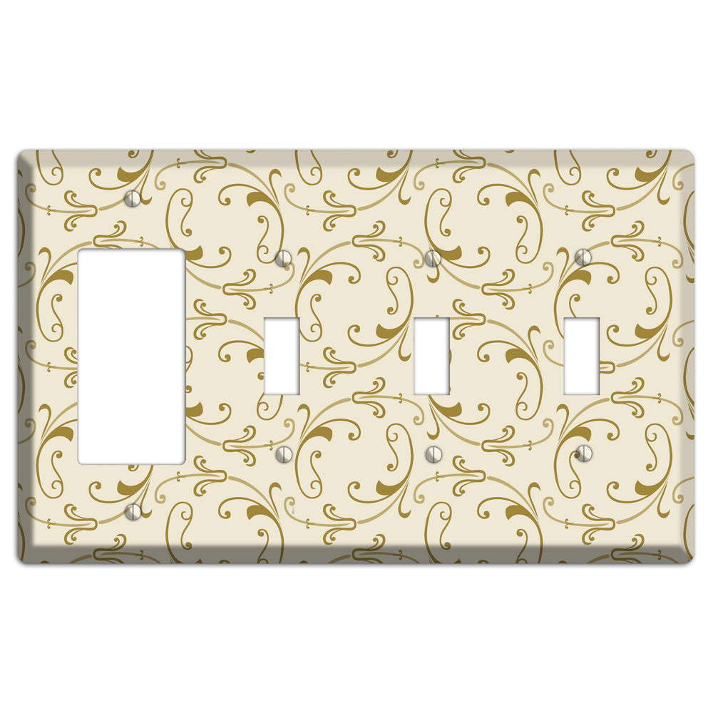 Off White with Gold Victorian Sprig Rocker / 3 Toggle Wallplate
