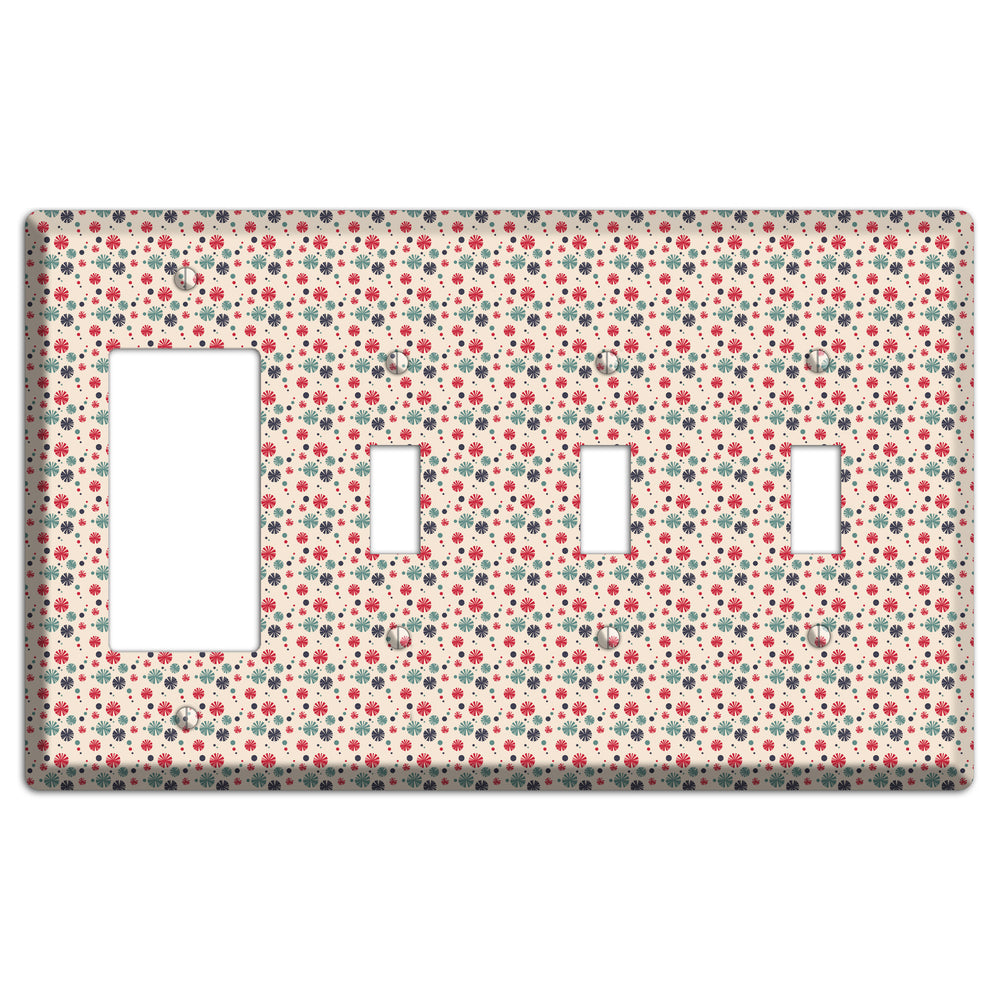Off White with Red Green Blue Retro Bursts Rocker / 3 Toggle Wallplate