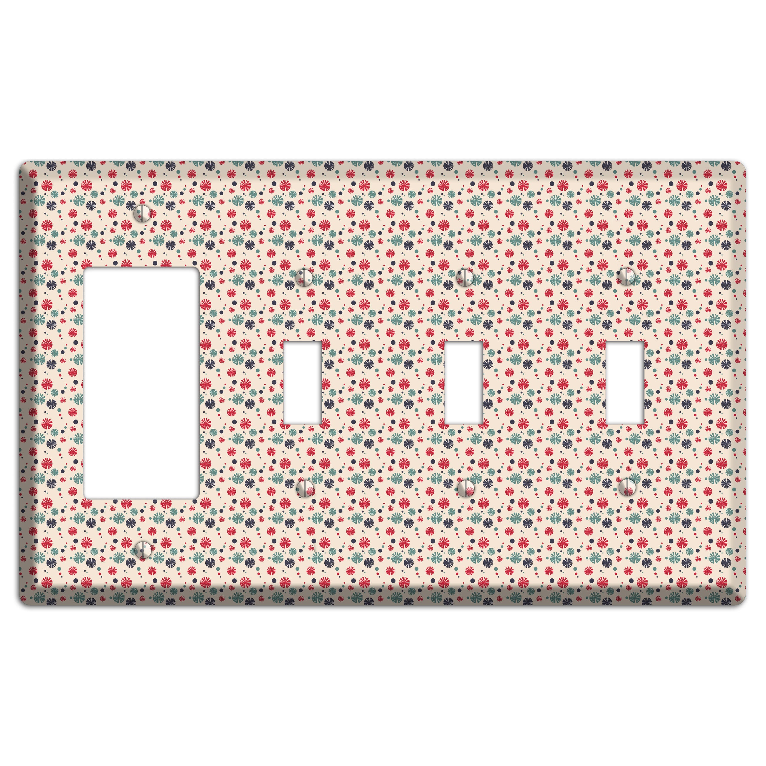 Off White with Red Green Blue Retro Bursts Rocker / 3 Toggle Wallplate