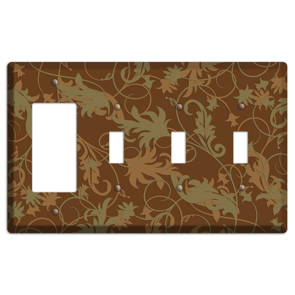 Brown and Olive Victorian Sprig Rocker / 3 Toggle Wallplate