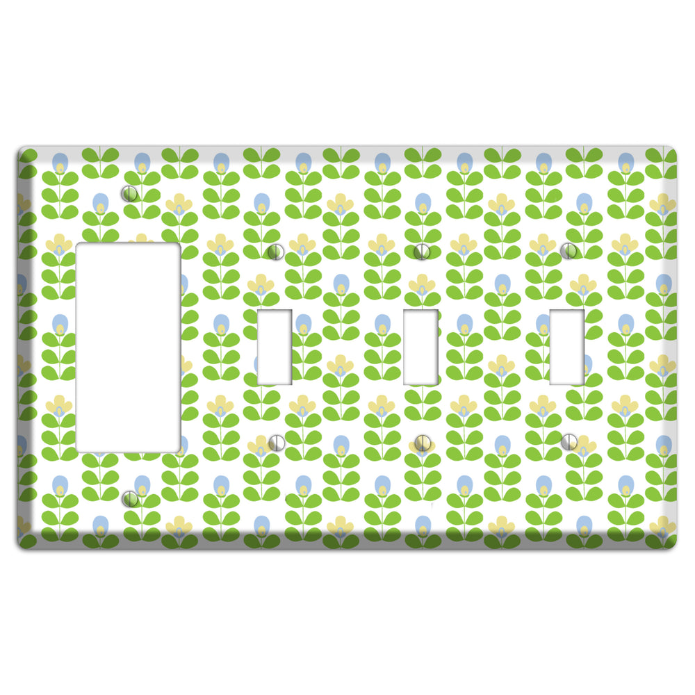 Periwinkle and Beige Deco Floral Half Drop Rocker / 3 Toggle Wallplate
