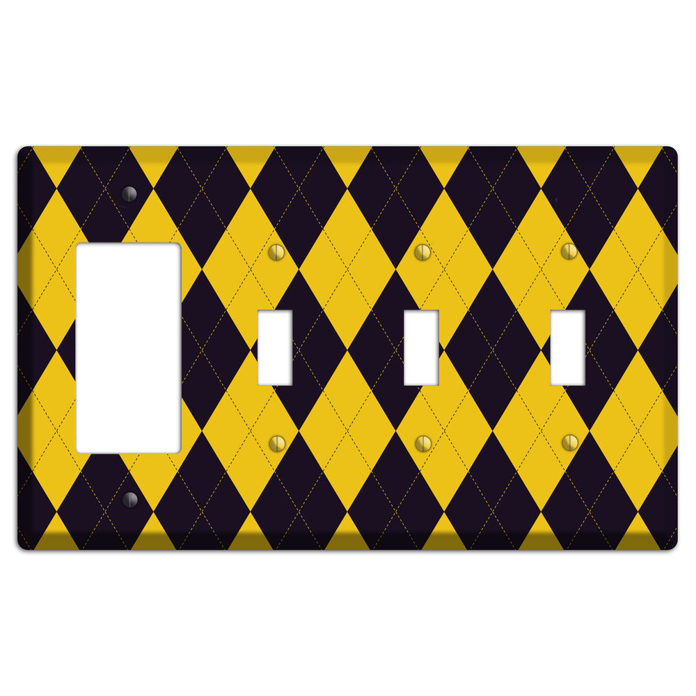 Yellow and Dark Purple Argyle Rocker / 3 Toggle Wallplate
