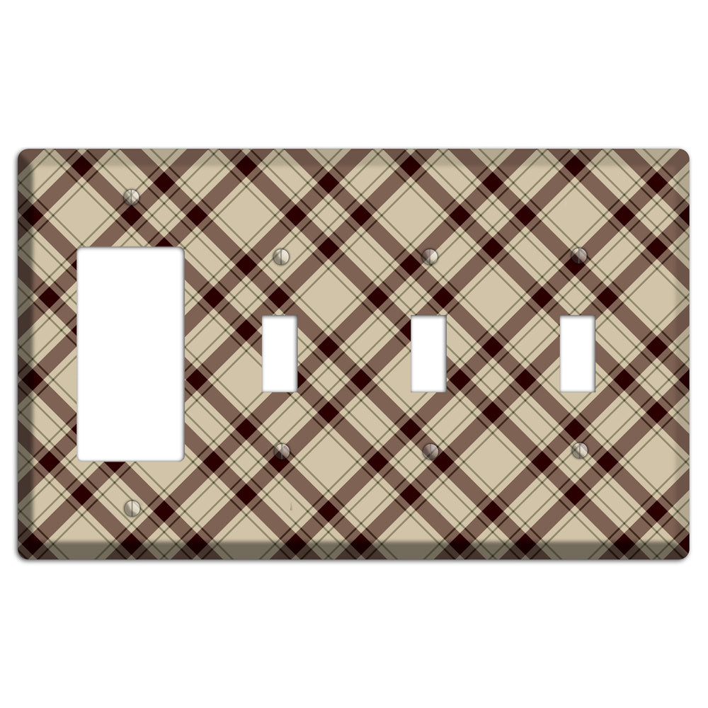 Beige and Brown Plaid Rocker / 3 Toggle Wallplate