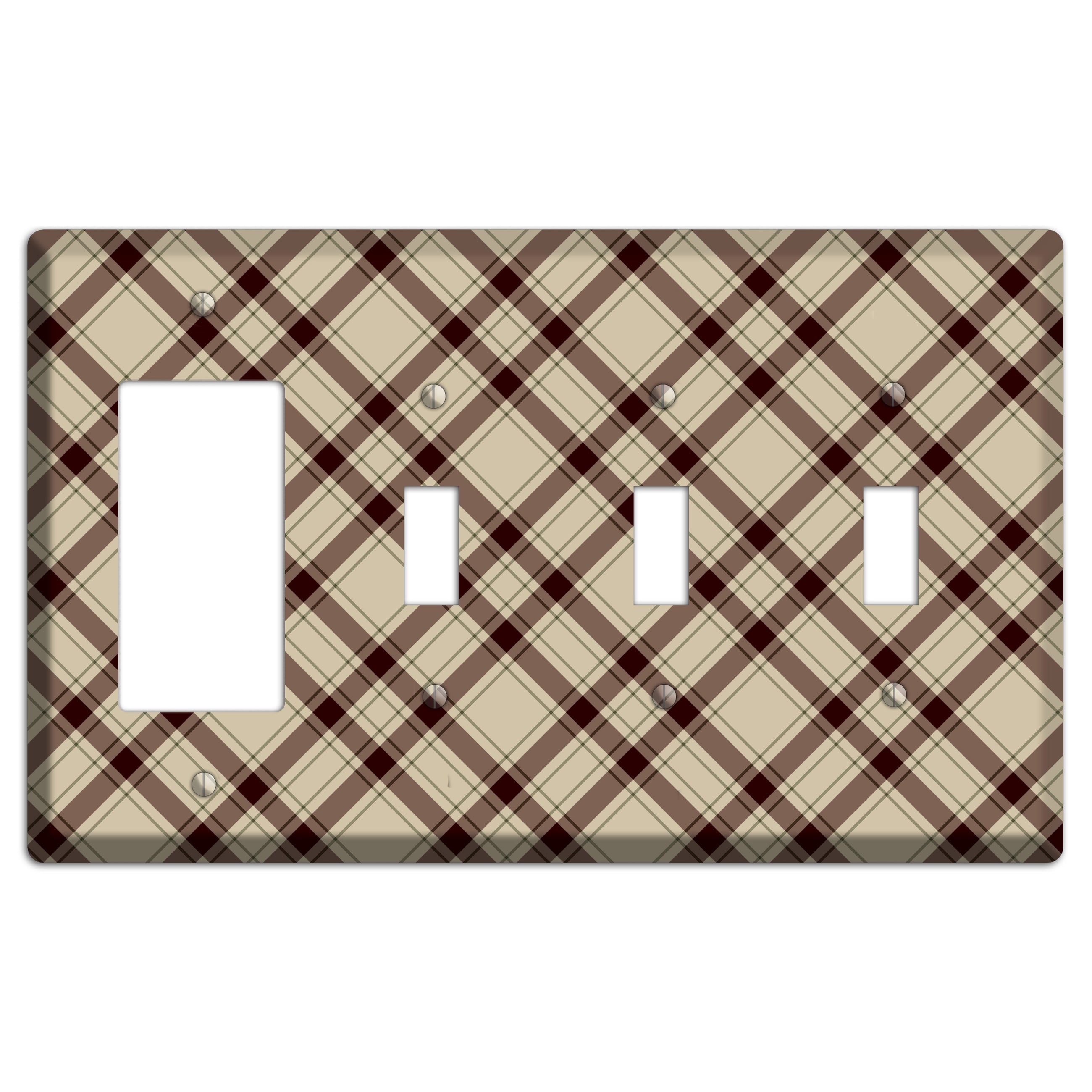 Beige and Brown Plaid Rocker / 3 Toggle Wallplate