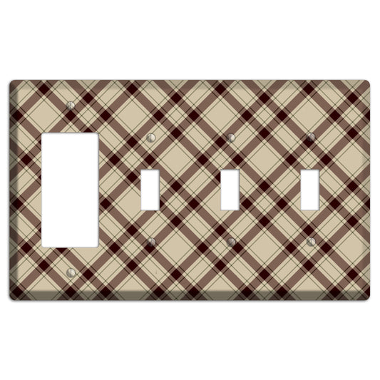 Beige and Brown Plaid Rocker / 3 Toggle Wallplate