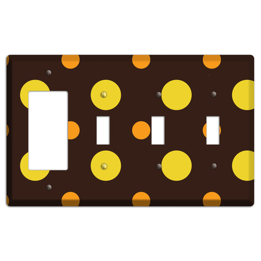 Black with Yellow and Orange Multi Medium Polka Dots Rocker / 3 Toggle Wallplate
