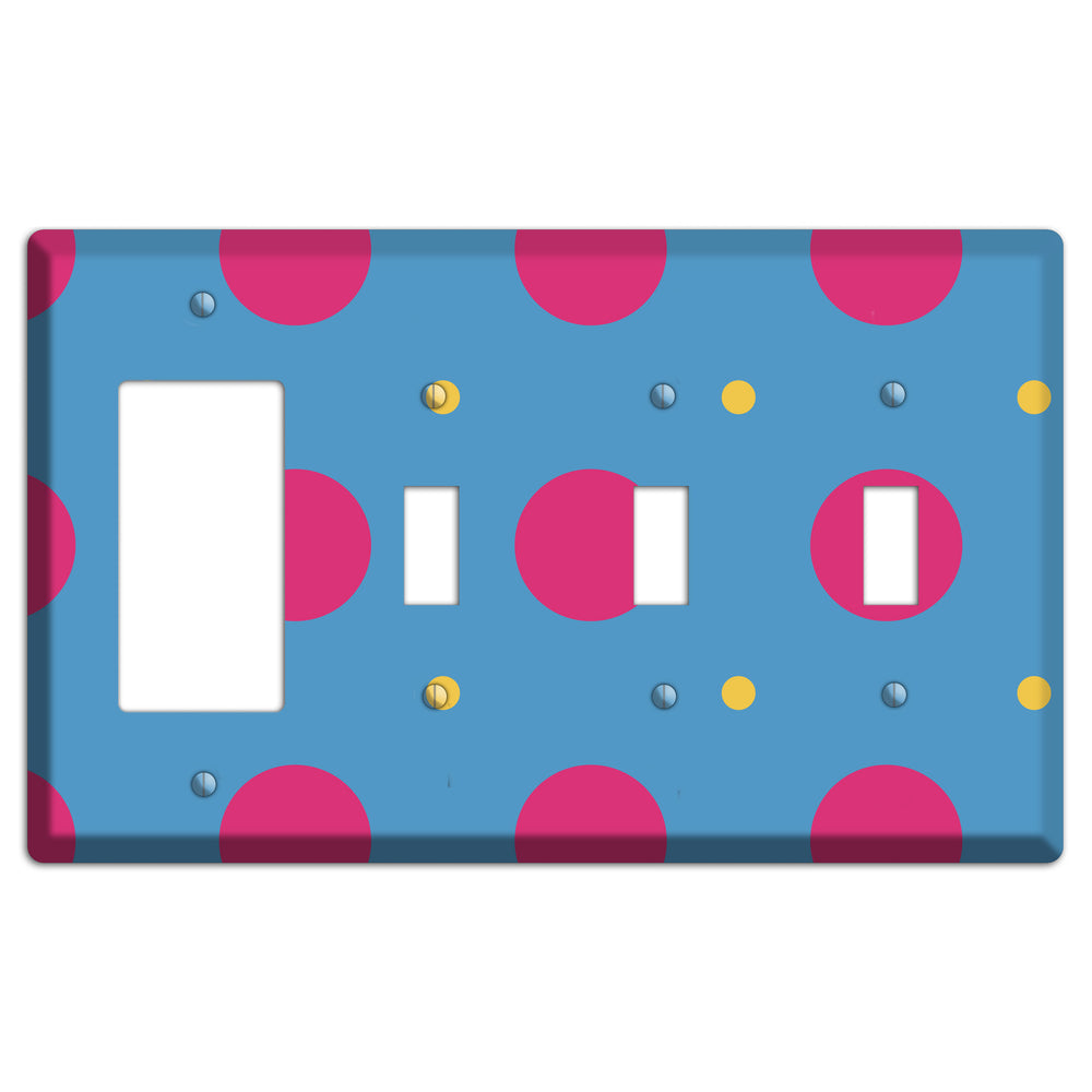 Blue with Pink and Yellow Multi Tiled Medium Dots Rocker / 3 Toggle Wallplate